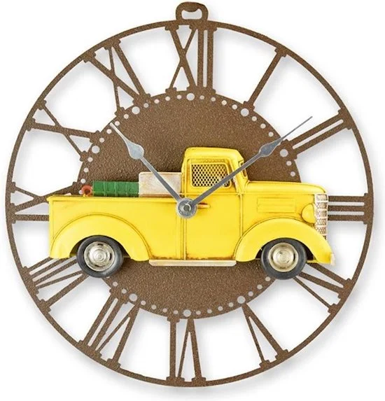 MadDeco wandklok vintage pickup truck metaal geel bruin Romein 34 cm